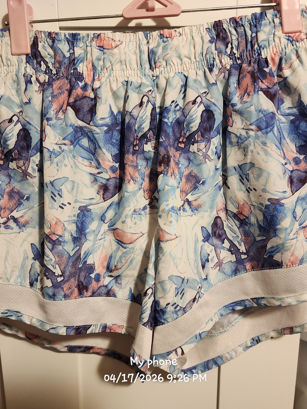 Women’s Abstract Blue & Pink Athletic Shorts with Elastic Waist